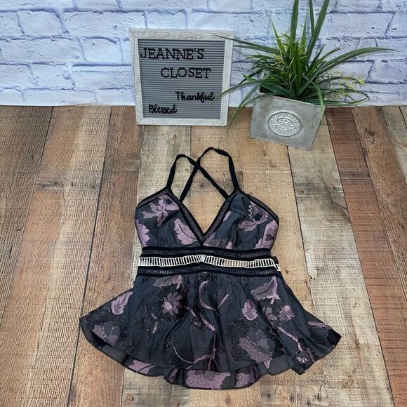 Metallic Floral Fil Coupe Peplum Tank, Black/Camellia - Picture 10 of 14